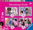 Ravensburger Barbie 4 in a Box jigsaw puzzle packaging showing the four 12, 16, 20 and 24 piece puzzle designs and 3+ age marking