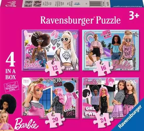Ravensburger Barbie 4 in a Box jigsaw puzzle packaging showing the four 12, 16, 20 and 24 piece puzzle designs and 3+ age marking