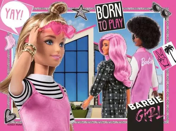 Barbie jigsaw artwork featuring a blonde doll in pink sunglasses with two friends and Born to Play graphics