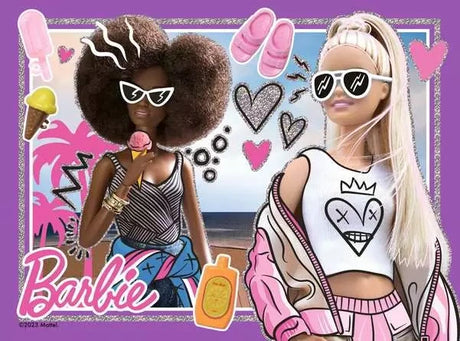 Ravensburger Barbie puzzle showing two fashion dolls with sunglasses, pink accessories, hearts and Barbie graphics
