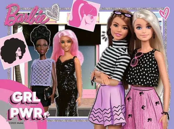 Barbie Girl Power puzzle showing four dolls in colourful outfits with fashion illustrations and pink graphics