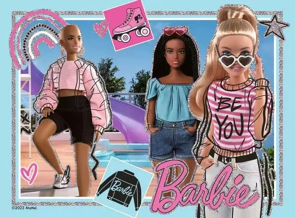 Barbie puzzle scene with three dolls beside a swimming pool, rainbow decoration and fashion accessories