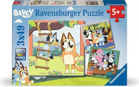 Ravensburger Bluey 3 x 49 piece jigsaw box showing the three included Bluey scenes