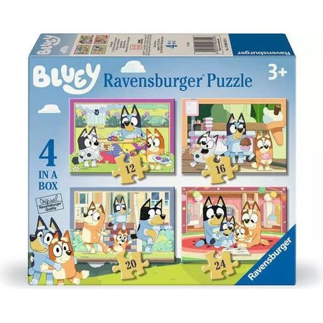 Ravensburger Bluey 4 in a Box jigsaw box showing the four included 12, 16, 20 and 24 piece designs