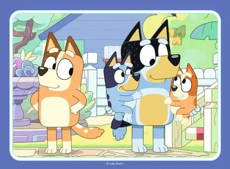 Bluey family together outdoors in the garden Ravensburger jigsaw puzzle scene