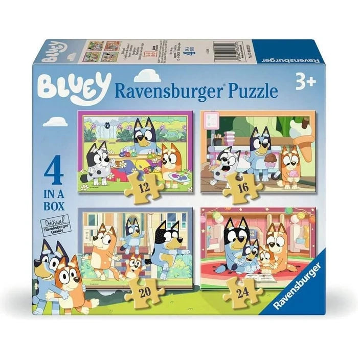 Ravensburger Bluey 4 in a Box retail packaging with all four jigsaw pictures displayed on the front