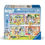 Ravensburger Bluey 4 in a Box retail packaging with all four jigsaw pictures displayed on the front