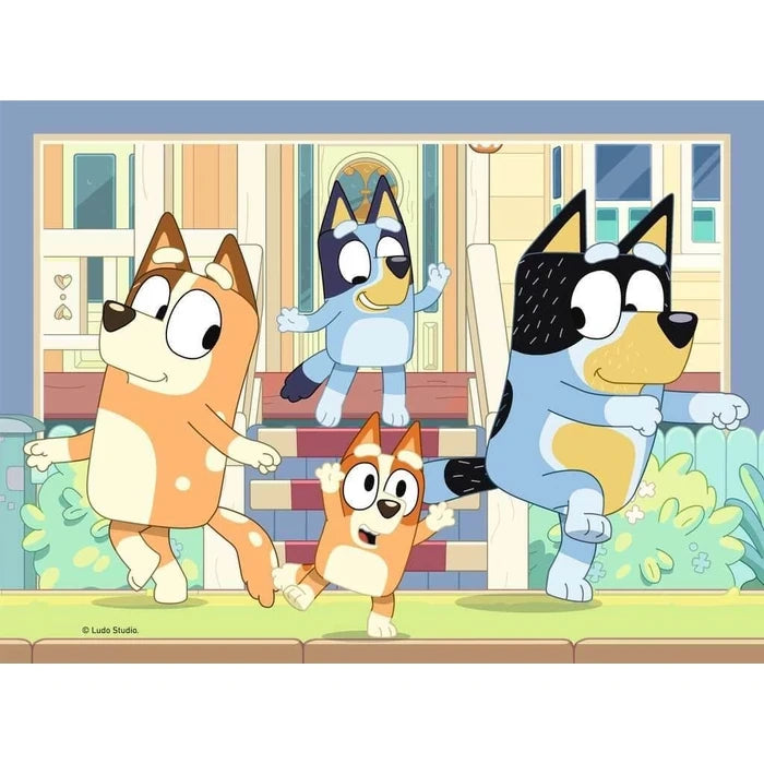Ravensburger Bluey jigsaw with Bluey, Bingo, Chilli and Bandit together outdoors