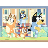 Ravensburger Bluey jigsaw with Bluey, Bingo, Chilli and Bandit together outdoors