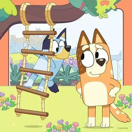 Ravensburger Bluey jigsaw scene with Bluey and Bingo beside a garden ladder