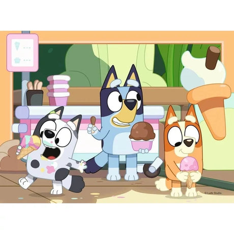 Ravensburger Bluey jigsaw with Bluey, Bingo and Muffin holding ice creams