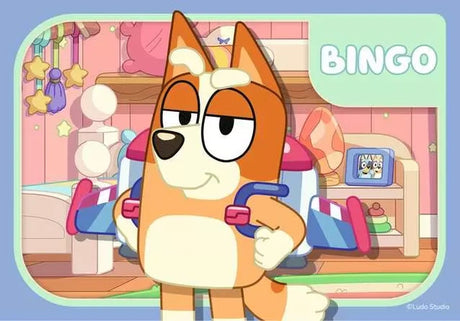 Ravensburger Bluey My First Puzzle featuring Bingo wearing a backpack indoors