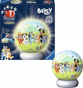 Ravensburger Bluey 3D Puzzle Night Light shown assembled beside its retail box