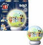 Ravensburger Bluey 3D Puzzle Night Light shown assembled beside its retail box