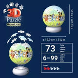 Ravensburger Bluey 3D Puzzle Night Light size and assembly graphic showing the completed puzzle ball on its illuminated base