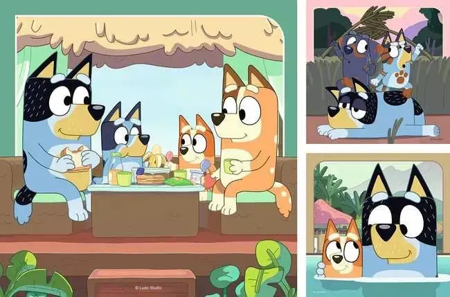 All three Bluey puzzle images showing the Heeler family at a meal, three characters stacking outdoors, and Bluey and Bingo at a pool