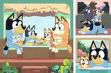 All three Bluey puzzle images showing the Heeler family at a meal, three characters stacking outdoors, and Bluey and Bingo at a pool