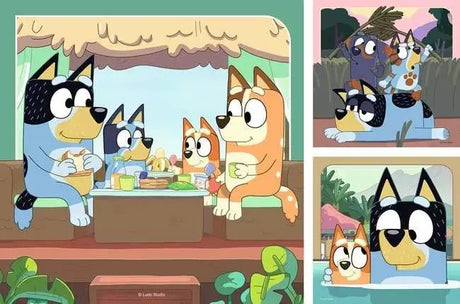 All three Bluey puzzle images showing the Heeler family at a meal, three characters stacking outdoors, and Bluey and Bingo at a pool
