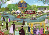 Ravensburger Bridgerton puzzle artwork showing a lakeside garden gathering with a striped hot air balloon, boats and guests in period clothing