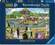 Ravensburger Bridgerton 1000 piece jigsaw puzzle box featuring the garden scene with striped hot air balloon and lakeside gathering