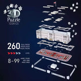 Ravensburger Buckingham Palace 3D Puzzle assembly graphic showing the 260 pieces and layered construction