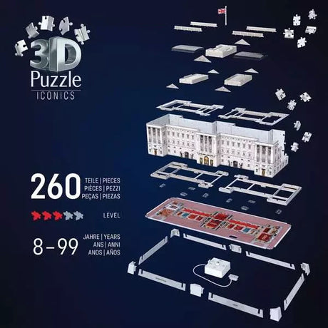 Ravensburger Buckingham Palace 3D Puzzle assembly graphic showing the 260 pieces and layered construction