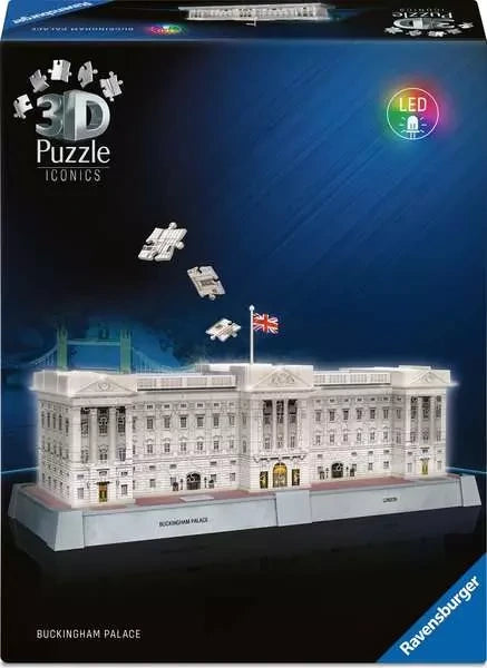 Ravensburger Buckingham Palace Light Up 3D Puzzle retail box showing the completed illuminated palace model