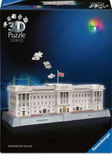 Ravensburger Buckingham Palace Light Up 3D Puzzle retail box showing the completed illuminated palace model