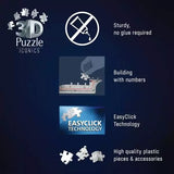 Ravensburger Buckingham Palace 3D Puzzle feature graphic showing numbered assembly, EasyClick technology and no glue required