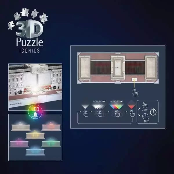 Ravensburger Buckingham Palace Light Up 3D Puzzle LED control graphic showing selectable light colours and automatic mode