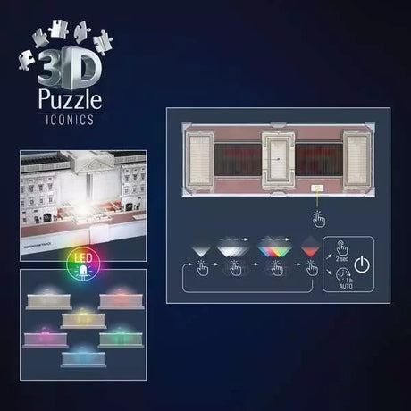 Ravensburger Buckingham Palace Light Up 3D Puzzle LED control graphic showing selectable light colours and automatic mode
