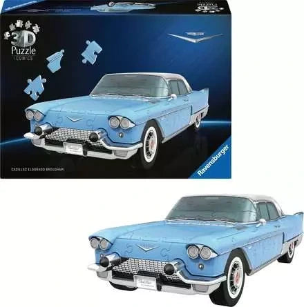 Ravensburger Cadillac Eldorado Brougham 3D Puzzle completed model displayed beside the retail box