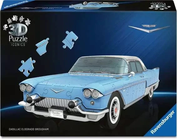 Ravensburger Cadillac Eldorado Brougham 108 Piece 3D Puzzle retail box showing the blue Cadillac model