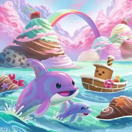 Candy Coastline dolphin scene with pastel waves, rainbow, cupcake islands and a small boat