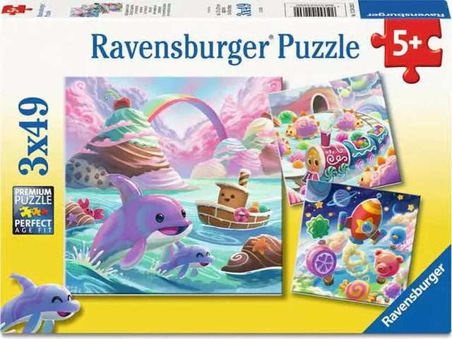 Ravensburger Candy Coastline 3 x 49 piece jigsaw puzzle box featuring all three colourful puzzle scenes