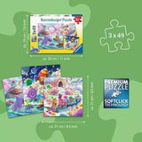 Ravensburger Candy Coastline 3 x 49 piece size guide showing the box, completed puzzle dimensions and Softclick Technology