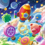 Candy Coastline space scene with rocket, planets, stars and floating sweets above bright clouds