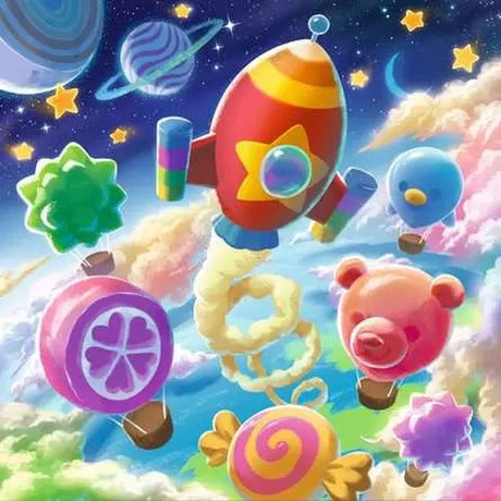 Candy Coastline space scene with rocket, planets, stars and floating sweets above bright clouds