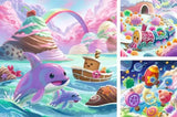 Ravensburger Candy Coastline set showing dolphin, sweet train and candy space puzzle scenes