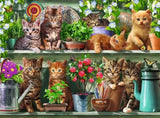Ravensburger Cats on the Shelf puzzle artwork showing eight kittens among potted plants, flowers, garden tools and shelves