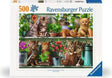 Ravensburger Cats on the Shelf 500 piece jigsaw puzzle box featuring eight kittens among plants, flowers and garden items