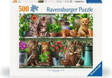 Ravensburger Cats on the Shelf 500 piece jigsaw puzzle box featuring eight kittens among plants, flowers and garden items