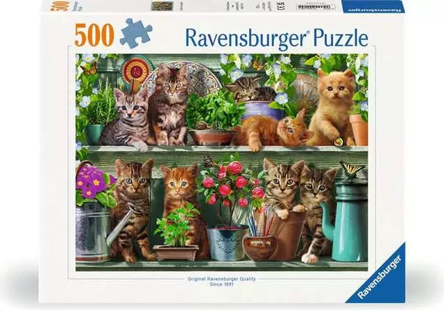 Ravensburger Cats on the Shelf 500 piece jigsaw puzzle box featuring eight kittens among plants, flowers and garden items