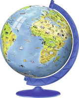 Ravensburger Children’s World Map 3D Puzzle completed globe with illustrated countries, animals and blue support stand