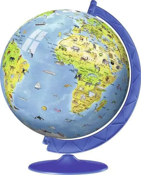 Ravensburger Children’s World Map 3D Puzzle completed globe with illustrated countries, animals and blue support stand