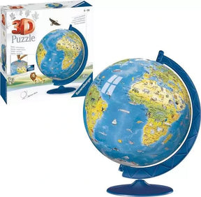 Ravensburger Children’s World Map 3D Puzzle completed globe displayed beside the retail box