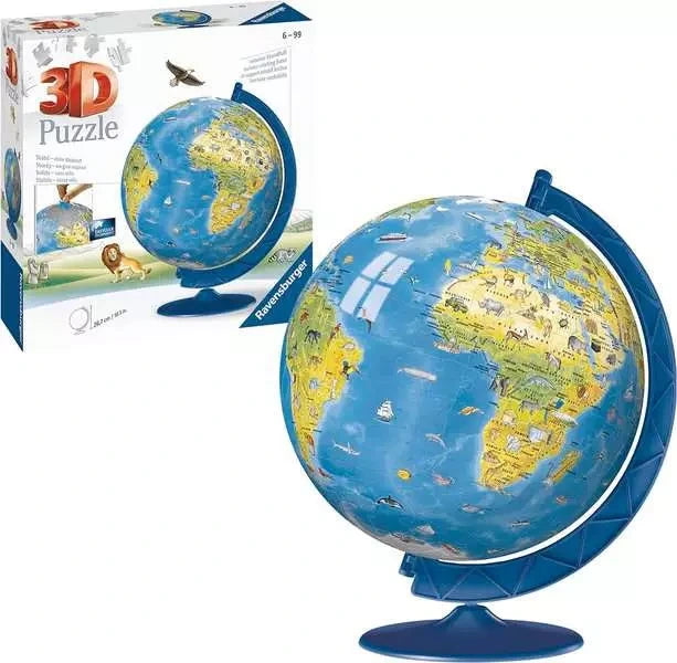 Ravensburger Children’s World Map 3D Puzzle completed globe displayed beside the retail box