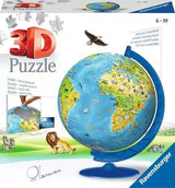 Ravensburger Children’s World Map 3D Puzzle retail box showing the completed illustrated globe on its blue stand