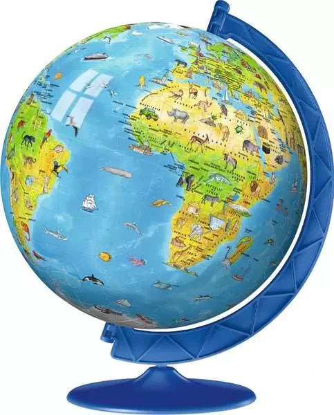 Ravensburger Children’s World Map 3D Puzzle globe showing Africa and Europe on a blue stand