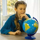 Ravensburger Children’s World Map 3D Puzzle completed globe on its stand with a child looking at the illustrated world map